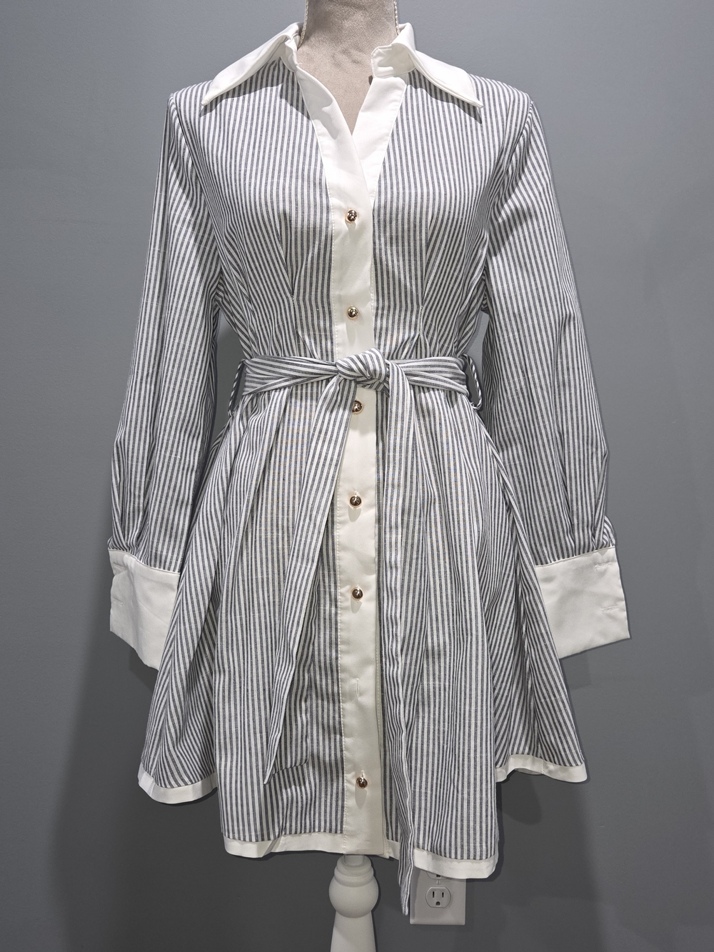 Collared Blue & White Vertical Stripe Tie-Waist Shirt Dress - 4